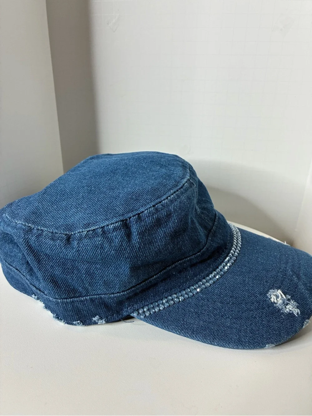 Denim Blue Women's Cadet Cap with Rhinestone Trim